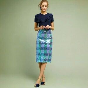 Maeve Anthropologie irridecent 3d plaid brix sequins hi-waist midi skirt US4